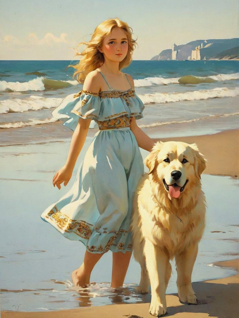 00121-710931364-a girl on the beach surrounded by Golden Pyrenees Russian popular print.jpg